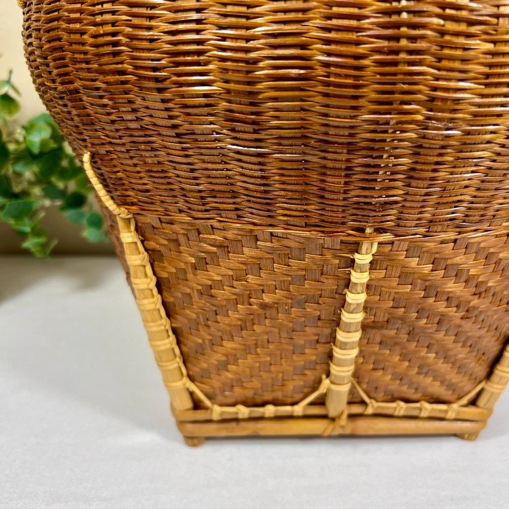 Vintage Dark Brown Woven Wicker Rattan and Bamboo Basket